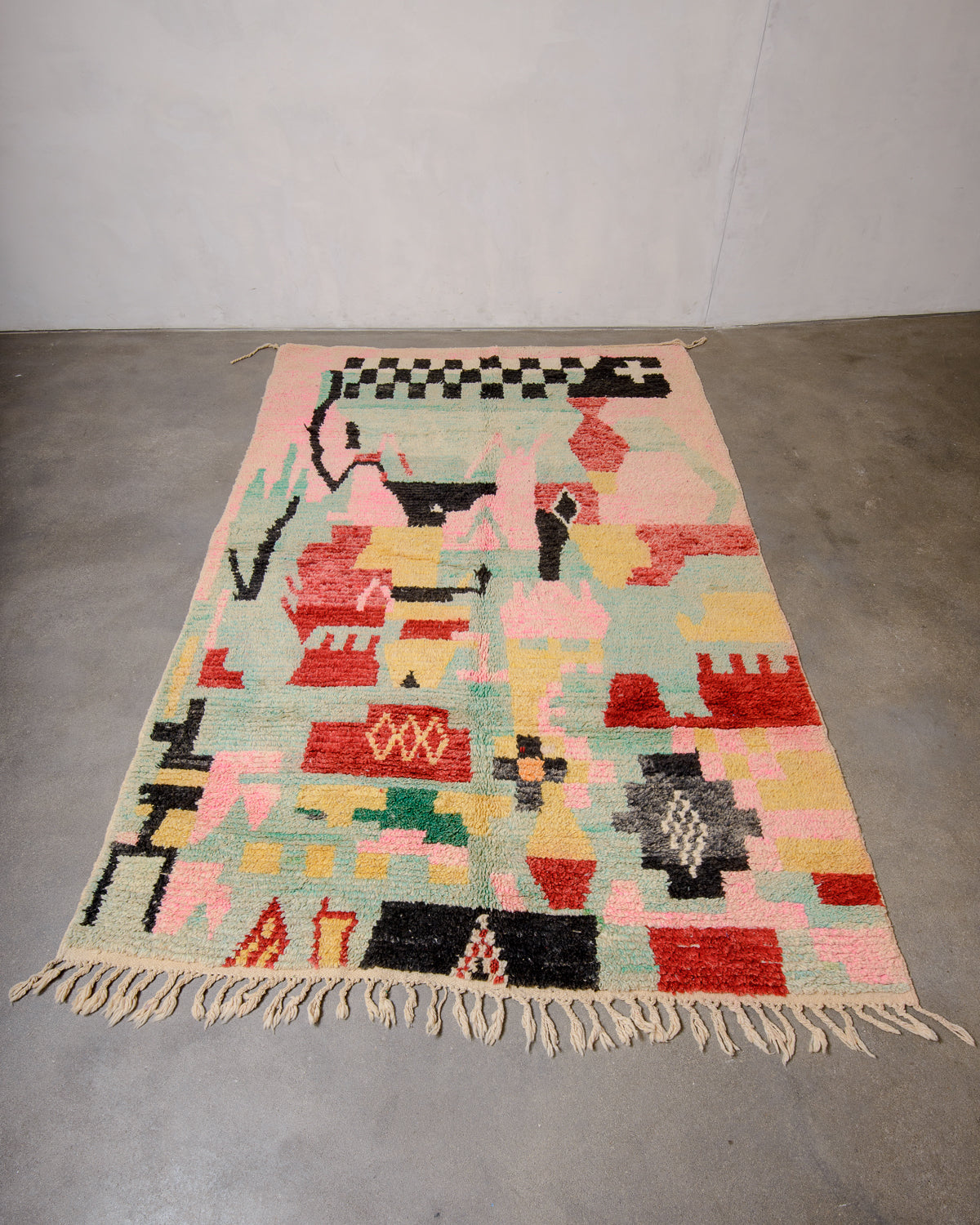 Modern, designer, handcrafted Berber rug from Morocco. Vintage carpet with beautiful colours and patterns and fluffy texture.